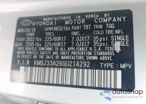 2016 Hyundai Tucson Eco z USA, uszkodzony, nr VIN KM8J33A26GU214292